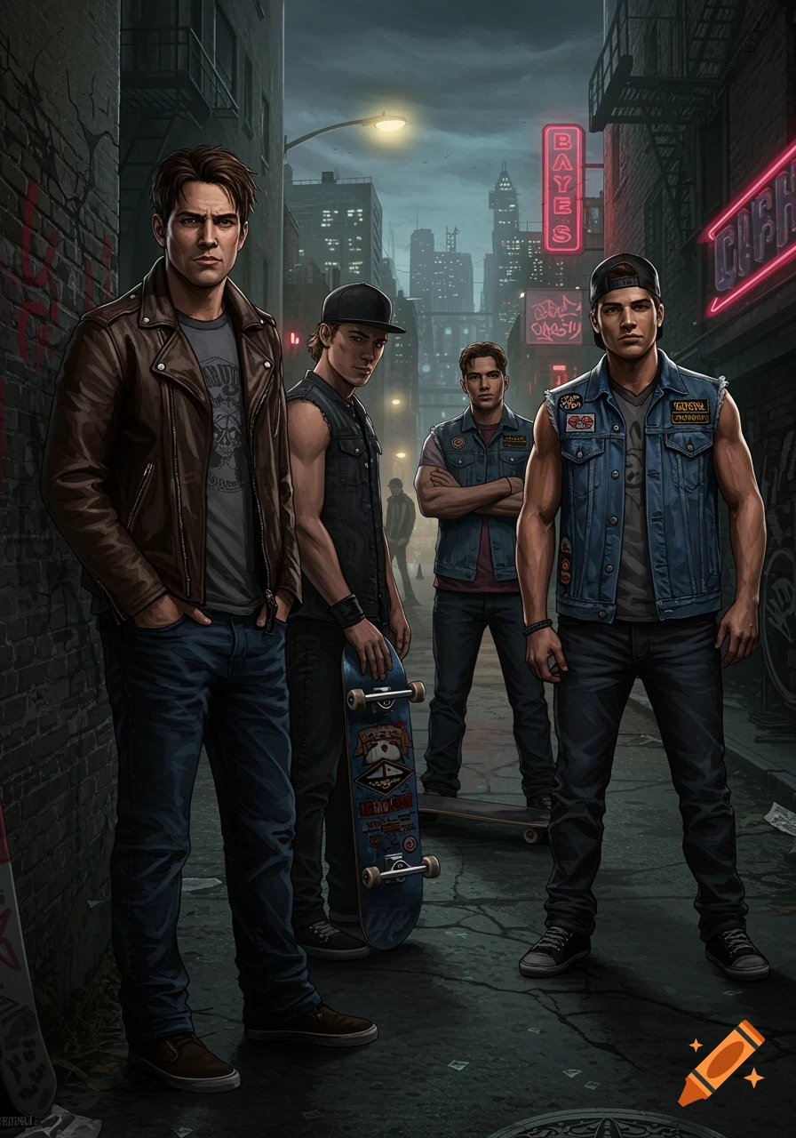 Four young men, dressed in denim and leather jackets, stand in a dark, urban alleyway with neon signs in the background. Two hold skateboards.