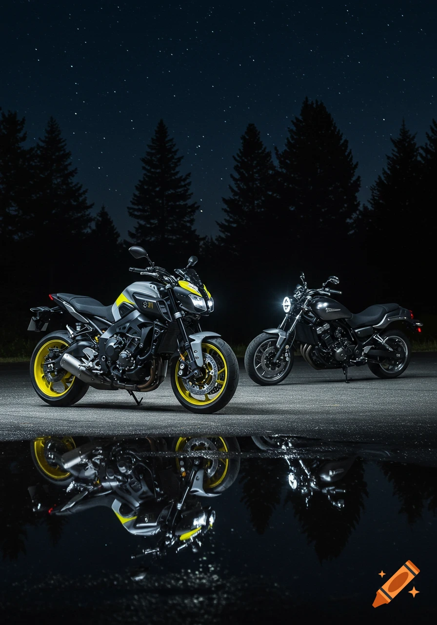 Two motorcycles on an asphalt road at night, reflecting in a puddle. One is grey and yellow, the other dark grey. Pine trees and a starry sky are in the background.