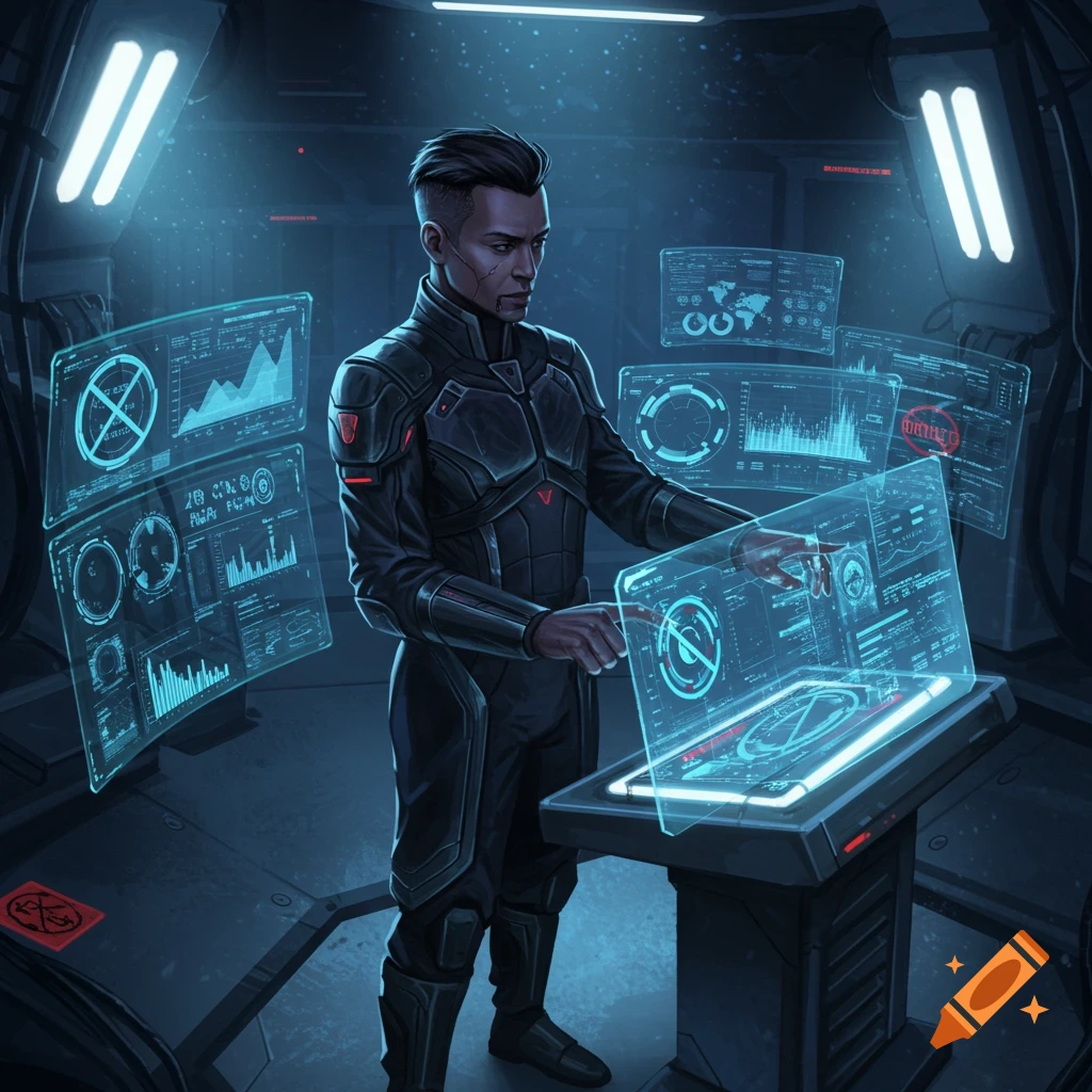 A person in a dark, futuristic suit interacts with glowing blue holographic displays in a high-tech control room.