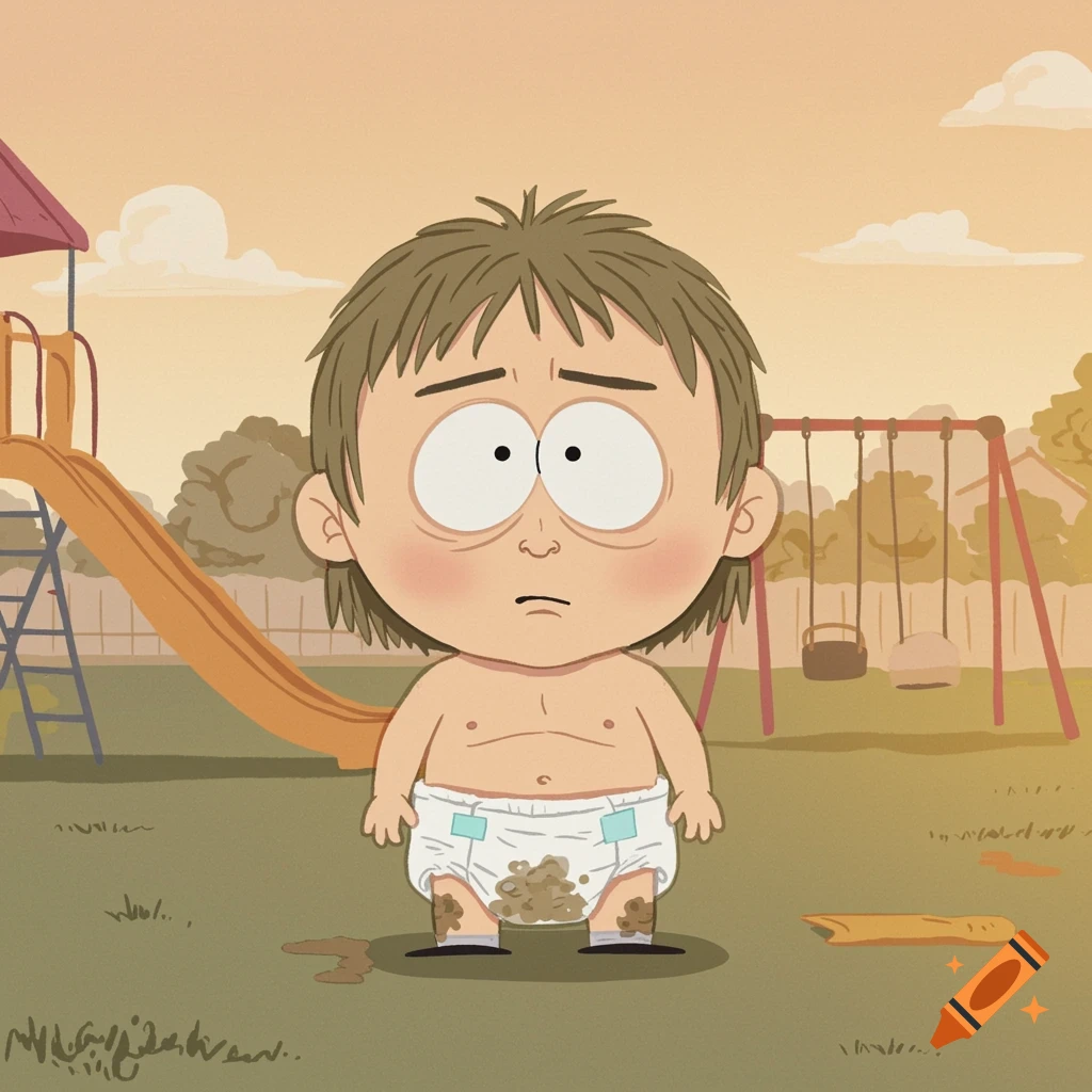 A South Park style cartoon of a baby, Ike Broflovski, standing in a playground wearing a soiled diaper.