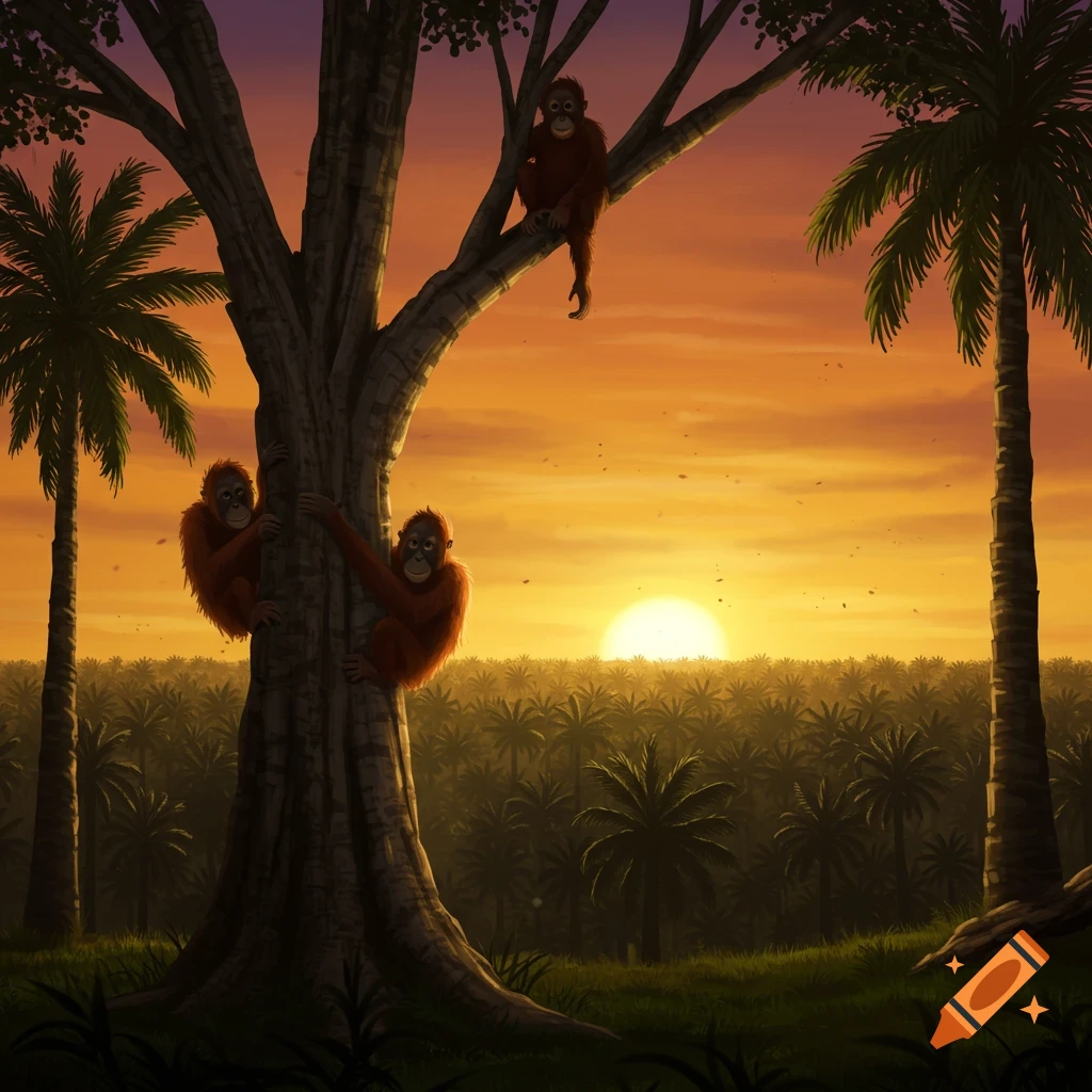 Three orangutans climb a large tree overlooking a palm jungle during a vibrant sunset, in an illustration.