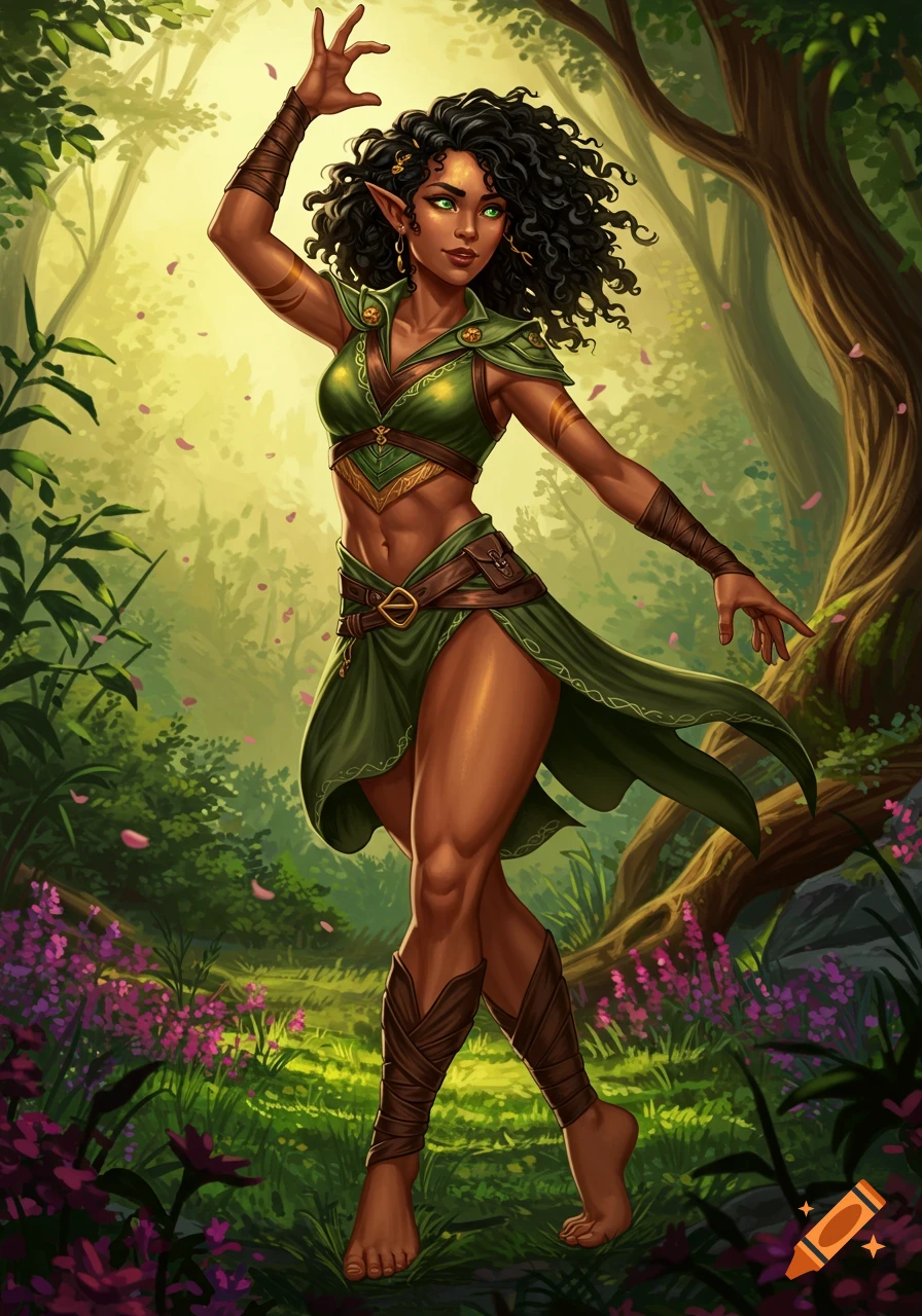 A dark-skinned, curly-haired half-elf in green fantasy attire poses in a vibrant, sunlit forest with flowers. Digital painting.