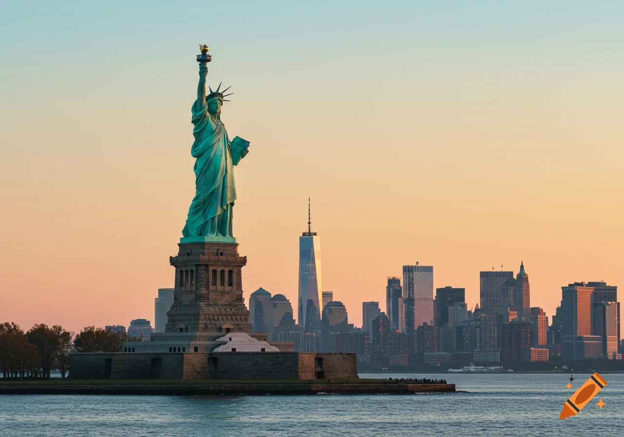 The Statue of Liberty stands in New York Harbor with the city skyline at sunrise or sunset in a photorealistic style.
