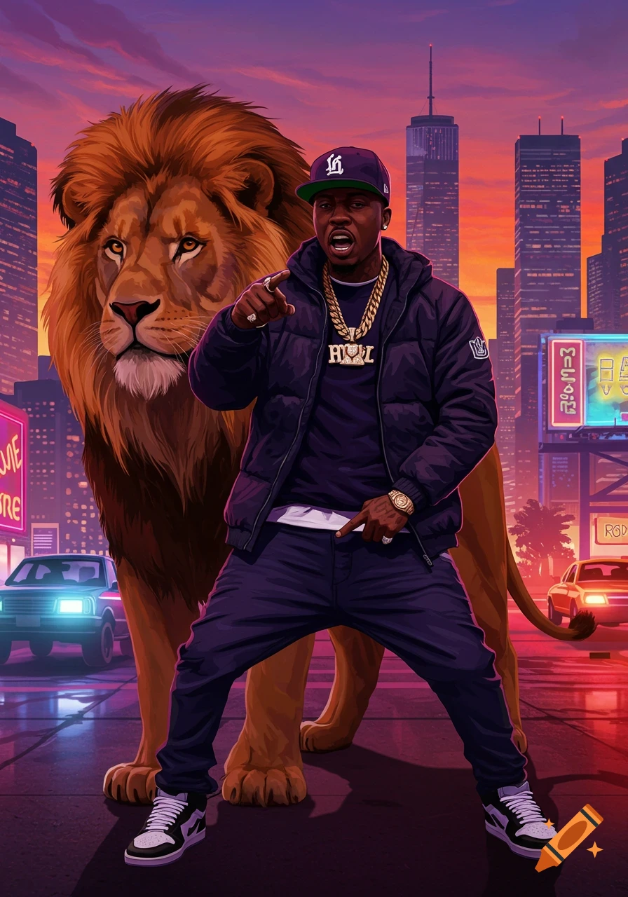 A stylized digital art image of a rapper in a city at sunset, standing next to a large lion.