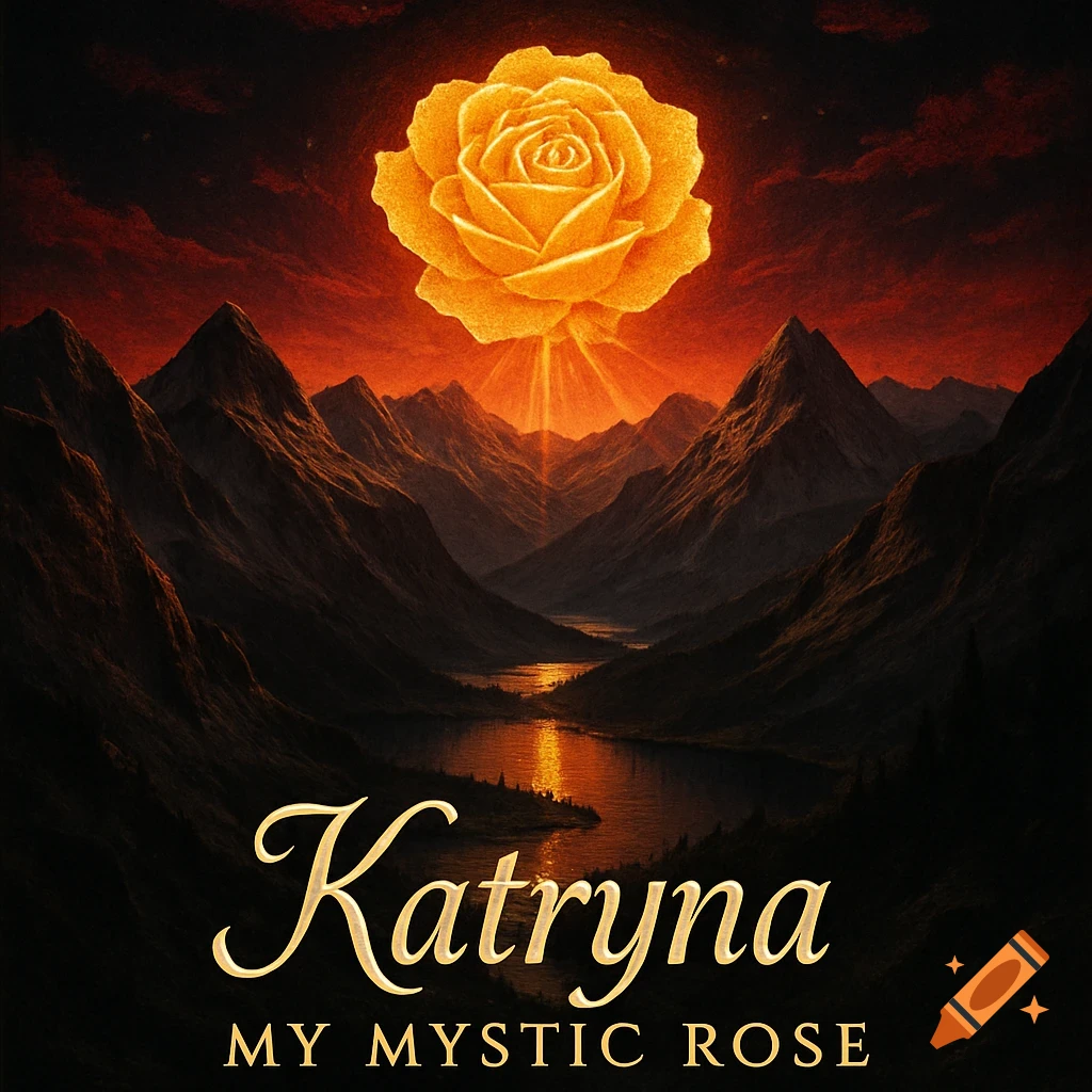 A glowing golden rose shines over a dark mountain landscape with a reflective lake at sunset. The text 'Katryna MY MYSTIC ROSE' is at the bottom.