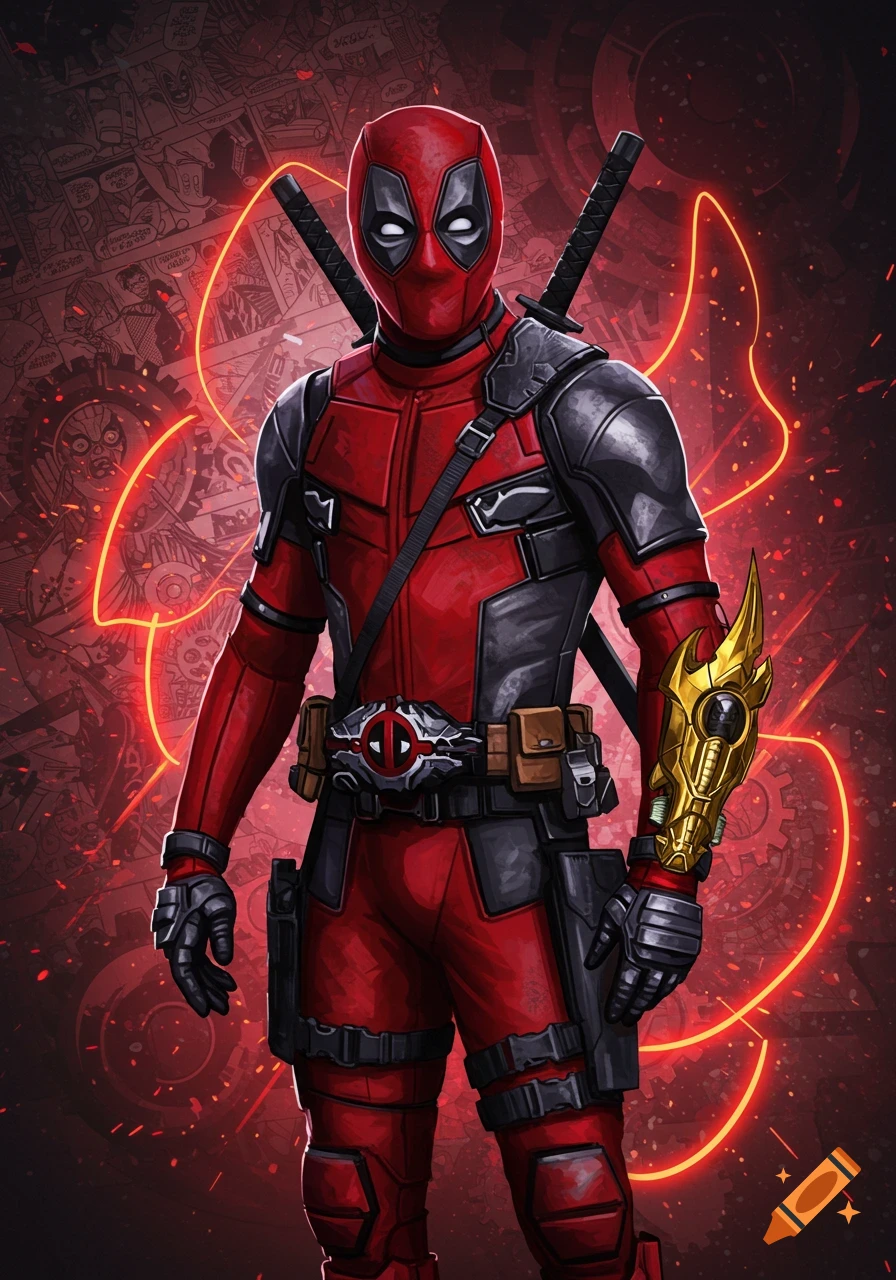 Full-body portrait of Deadpool in a red and black suit, wielding katanas and a golden gauntlet, against a stylized comic book background with neon red lines.