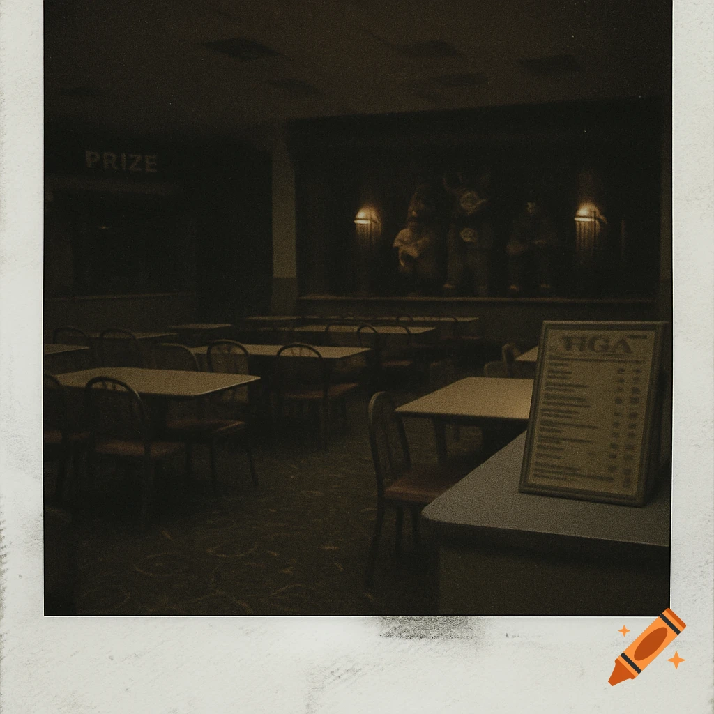 Dark, grainy old polaroid of an empty Chuck E. Cheese style restaurant at night, with tables and chairs, a prize booth, and animatronics on a stage.