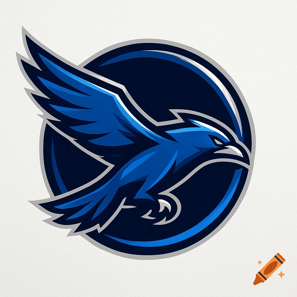 A stylized blue bird flying with outstretched wings, set against a dark blue circle, in a sports logo style.