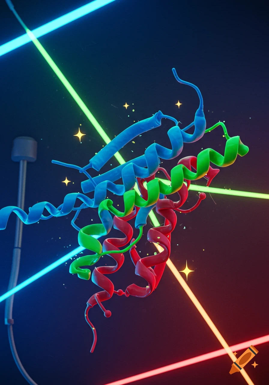 A simplified 3D cartoon protein structure in blue, green, and red, with neon light beams on a dark background.