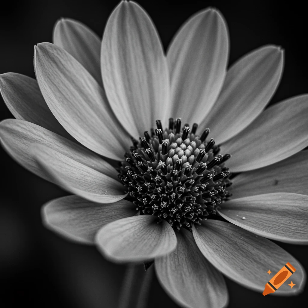 Close-up black and white photograph of a flower with numerous delicate petals and a detailed central reproductive structure.