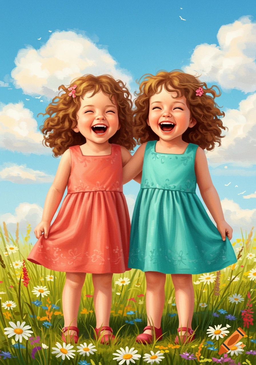 Two joyful young girls with curly hair laugh in a vibrant wildflower field under a blue sky, illustration.