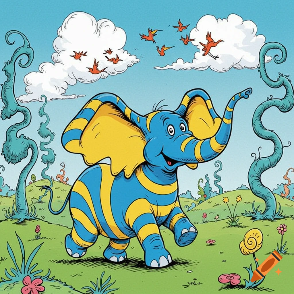 A happy, blue and yellow striped elephant runs through a whimsical Dr. Seuss landscape with strange plants and flying red birds.