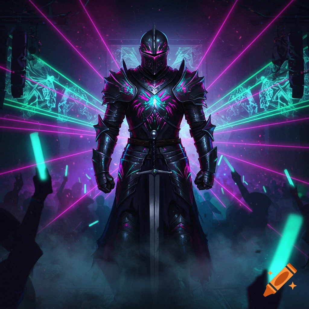 A knight in glowing black and neon armor stands amidst purple and green laser lights at a cyberpunk rave.