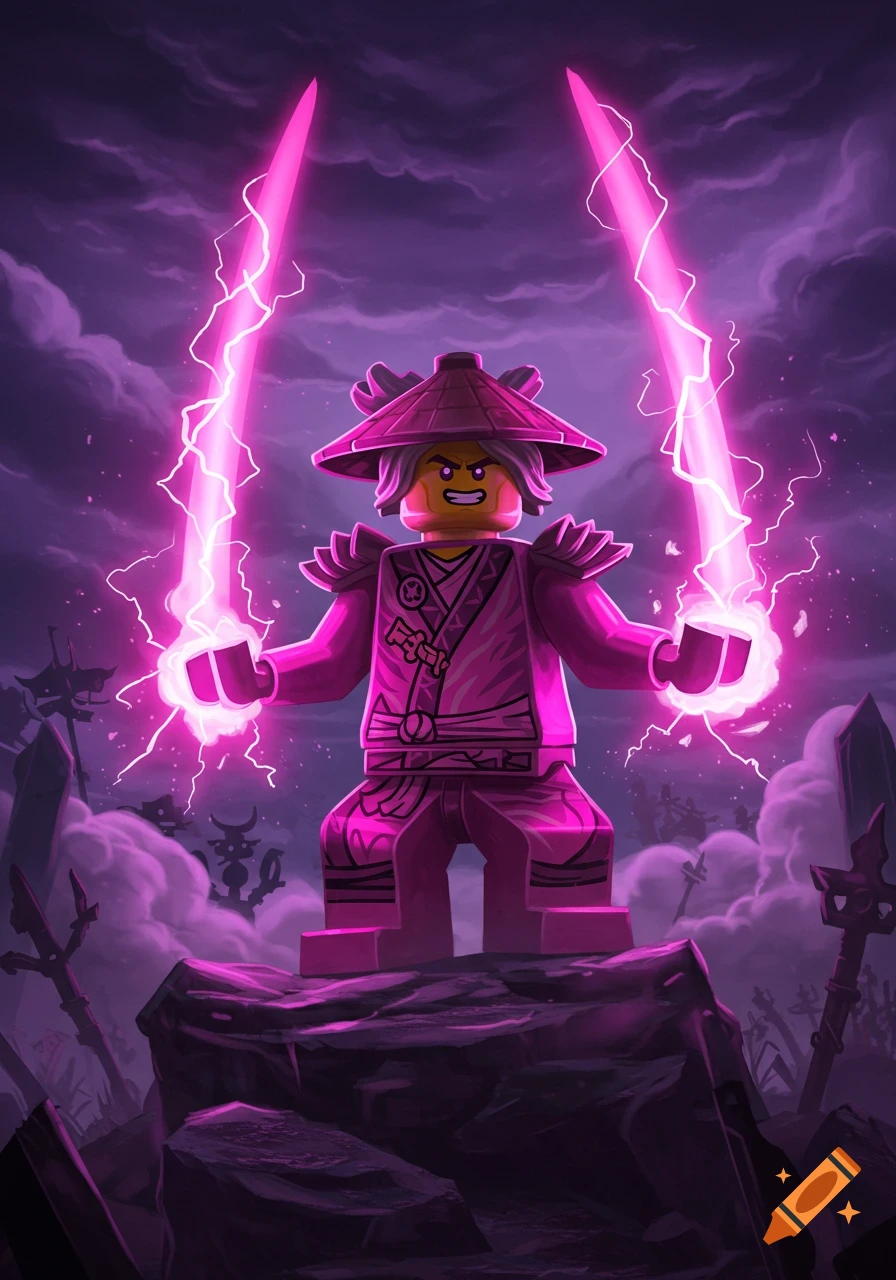 Lego Ninjago character in pink, wielding two glowing pink electrical energy swords, standing on a rock against a stormy purple sky.