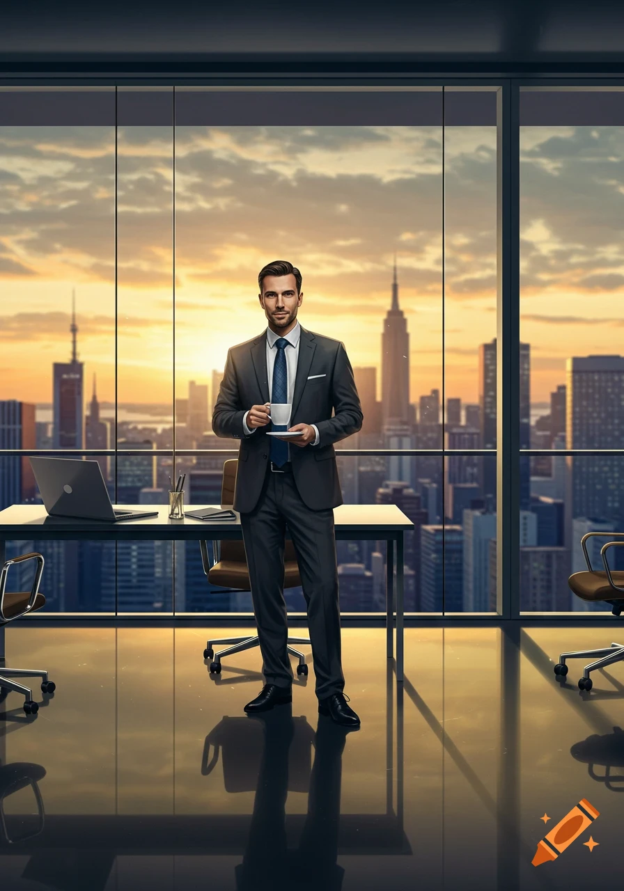 Photorealistic image of a businessman in a suit holding a coffee cup in a modern office with a sunset city skyline view.