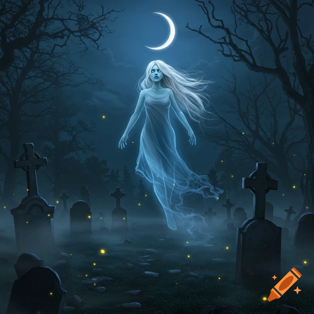 A spectral woman with flowing white hair floats above a misty graveyard under a crescent moon, surrounded by glowing fireflies.