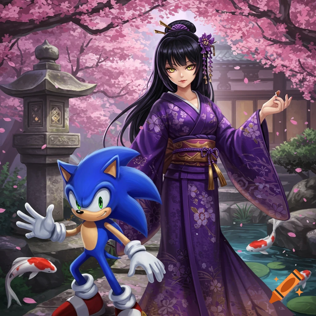 Sonic the Hedgehog and an anime girl in a purple kimono stand in a cherry blossom Japanese garden with koi fish.