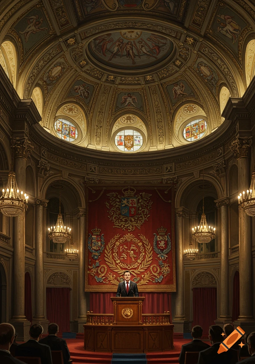 A man speaks from a podium in a grand, ornate hall with a domed ceiling and large red tapestry to an audience. Photorealistic style.