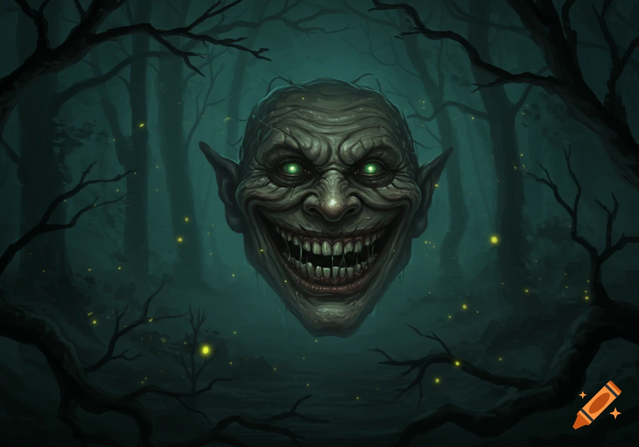 A grotesque, grinning troll face with glowing green eyes and sharp teeth in a dark, eerie forest with fireflies.