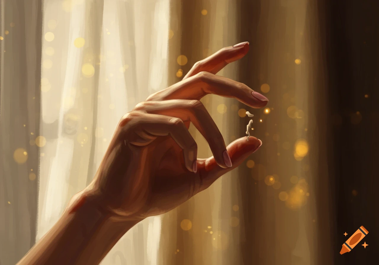 A close-up digital painting of a human hand delicately holding two tiny, abstract figures against a warm, bokeh-filled background.