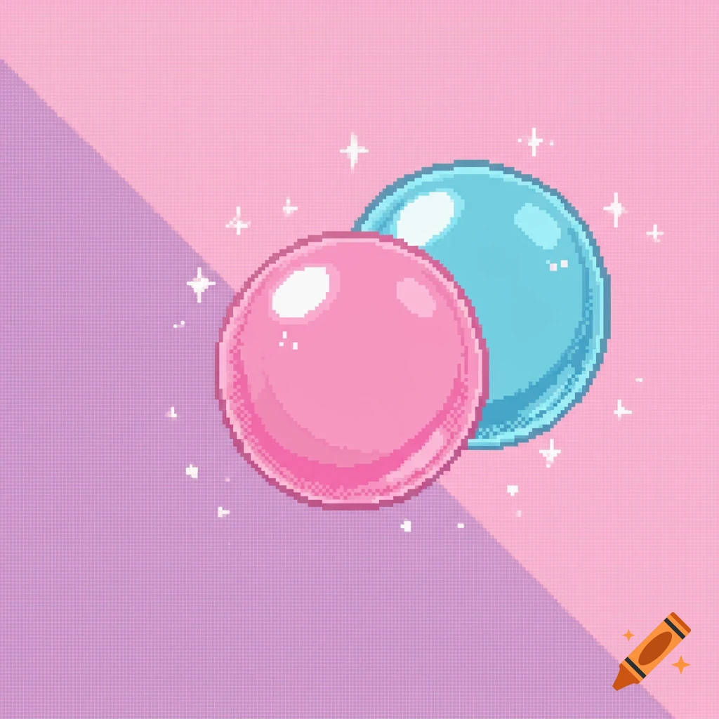 Pixel art of a pink and a blue bubblegum sphere, sparkling against a split pink and purple background.