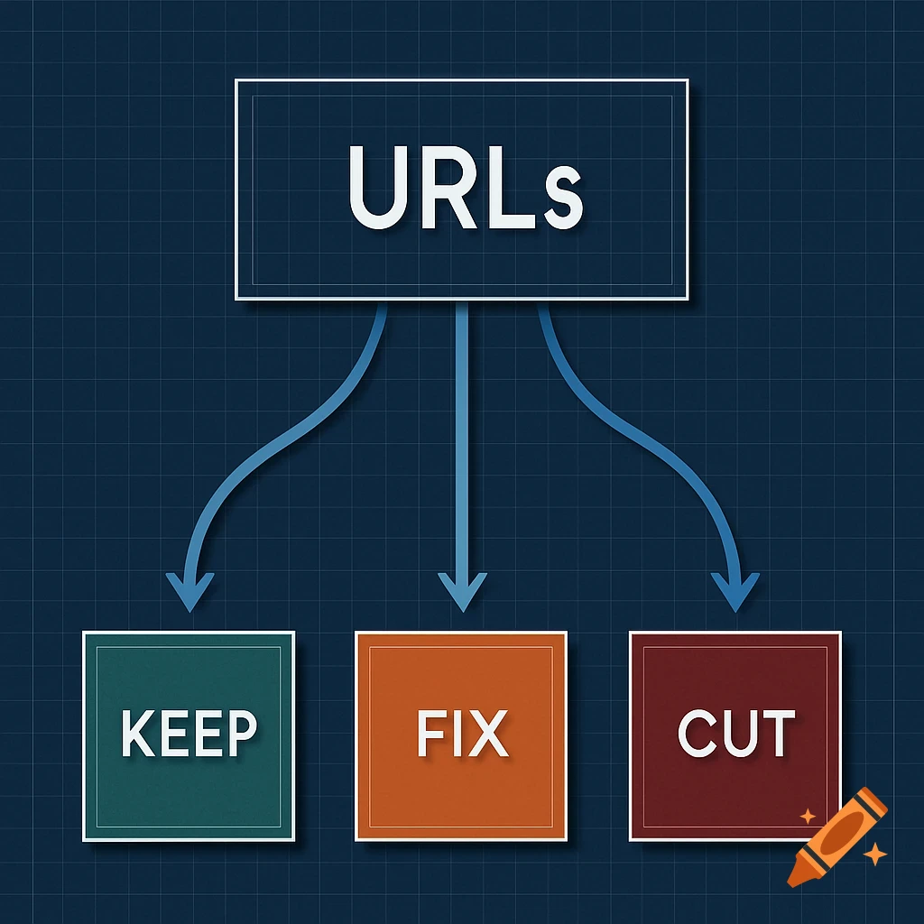 Flowchart showing a rectangle labeled 'URLs' branching into three boxes labeled 'KEEP', 'FIX', and 'CUT'.