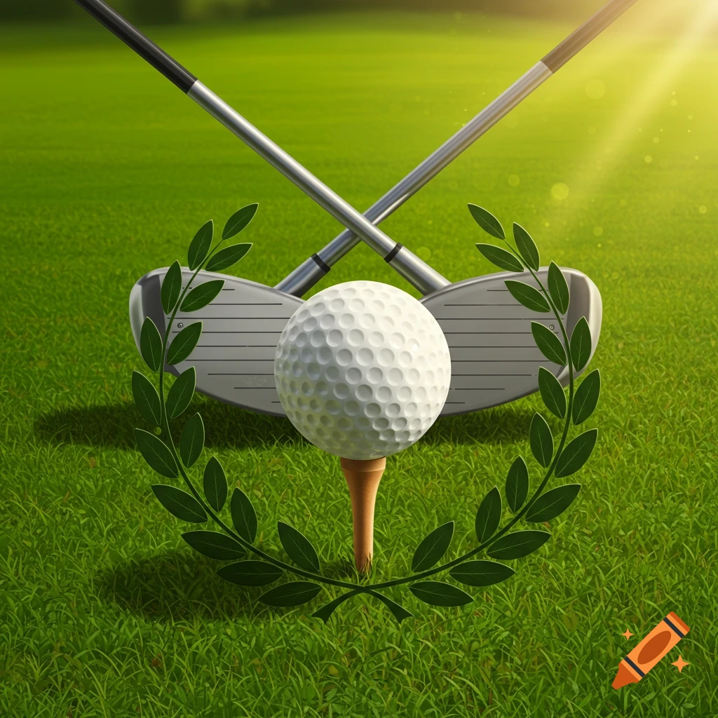 A golf ball on a tee, framed by a laurel wreath, with crossed golf clubs on a sunny green golf course.