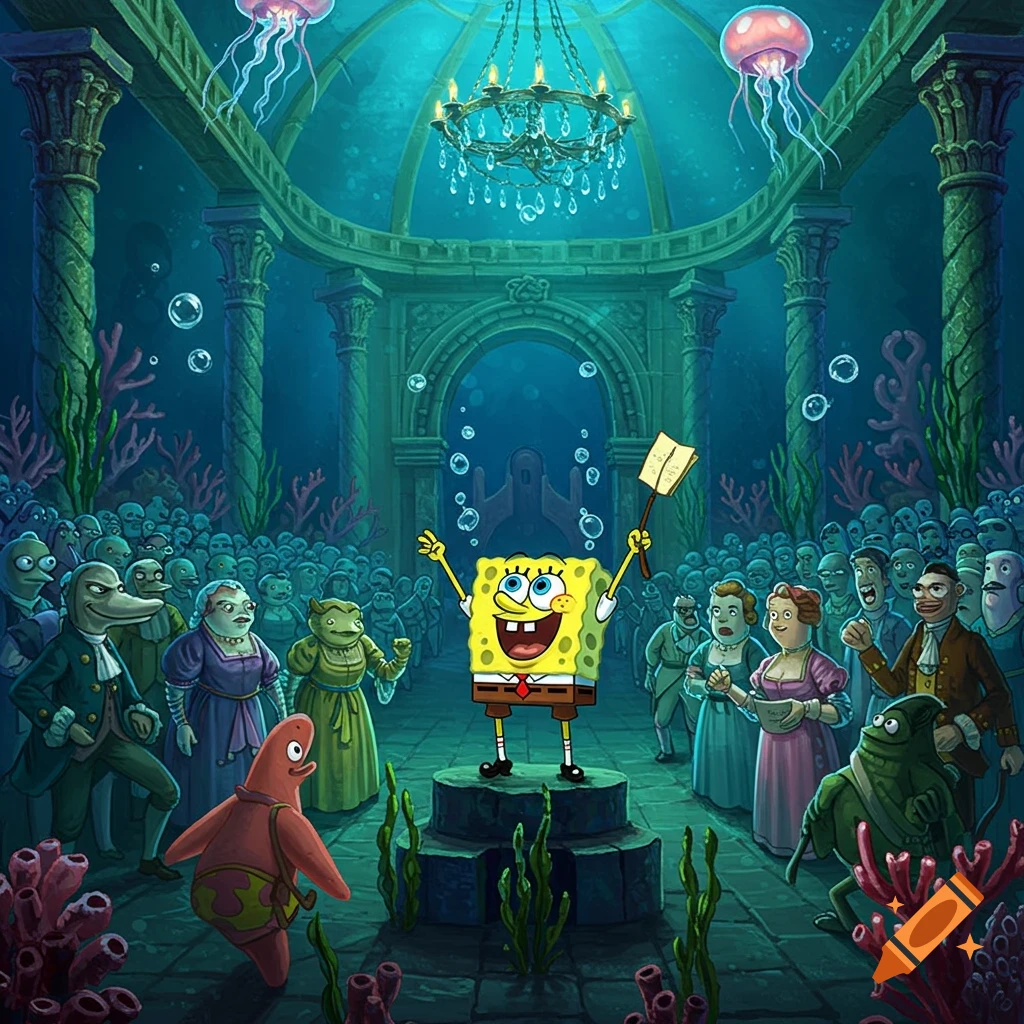 Spongebob addresses a crowd in a grand underwater hall while Patrick looks on. Two jellyfish float above a chandelier.