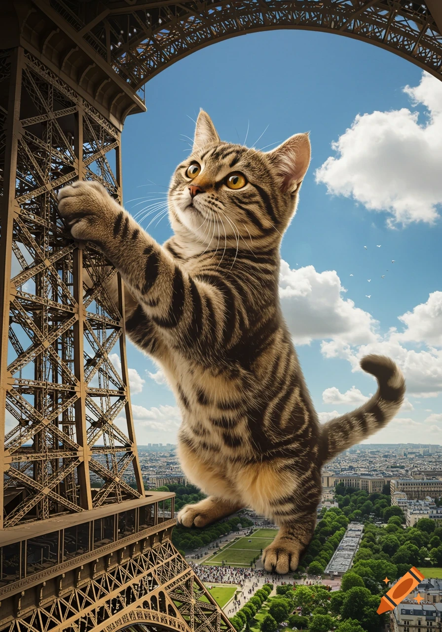 A giant photorealistic tabby cat climbs the Eiffel Tower, towering over the Paris cityscape under a blue sky.