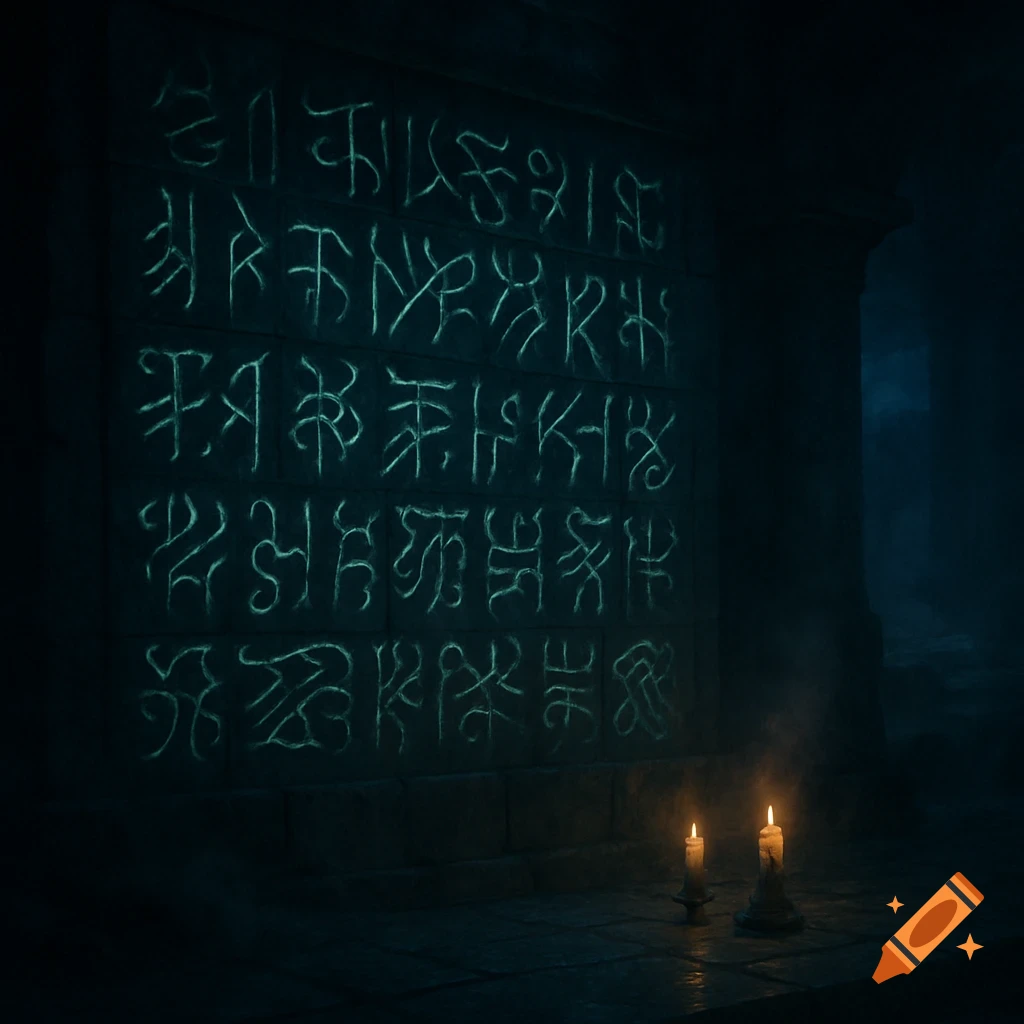 Glowing teal runes carved into a dark stone wall, illuminated by two flickering candles on the floor in a gloomy chamber.