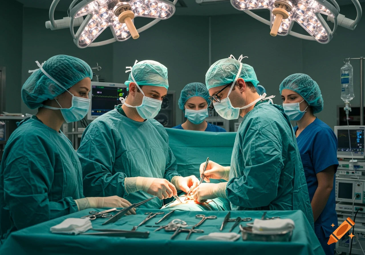 A photorealistic image of a team of surgeons in green scrubs and masks performing surgery in an operating room.