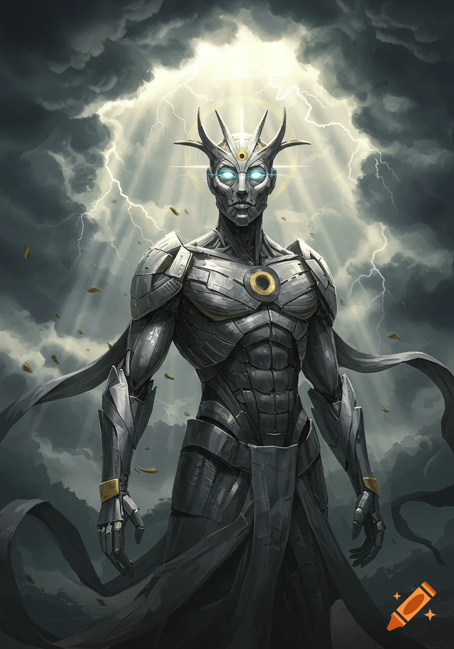 Majestic, horned metallic robot deity with glowing eyes under a stormy, lightning-filled sky with light rays.