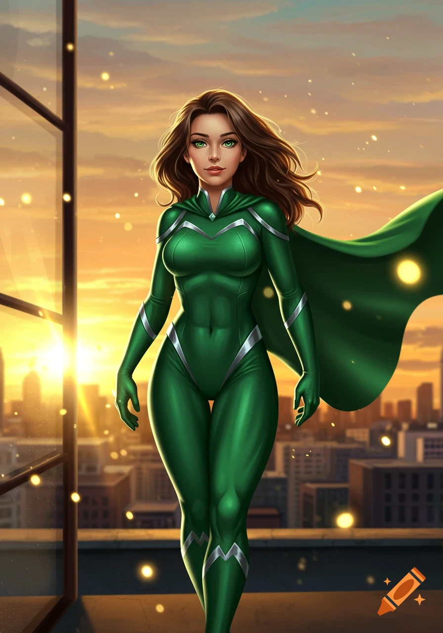 A female superhero in a green suit and cape with brown hair and green eyes stands on a rooftop overlooking a city at sunset, digital art.