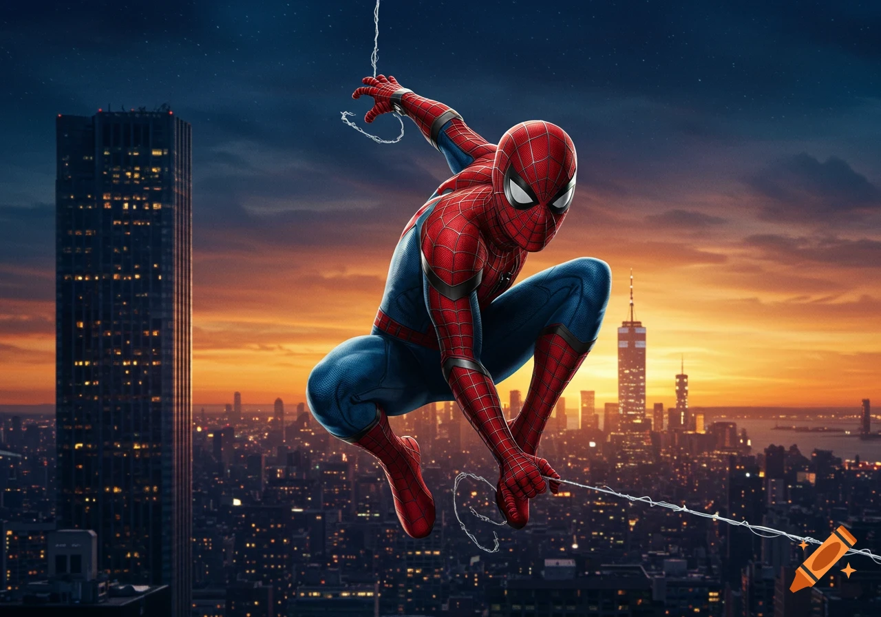 Spider-Man in his classic red and blue suit crouches mid-swing, silhouetted against a vibrant sunset over a sprawling city.