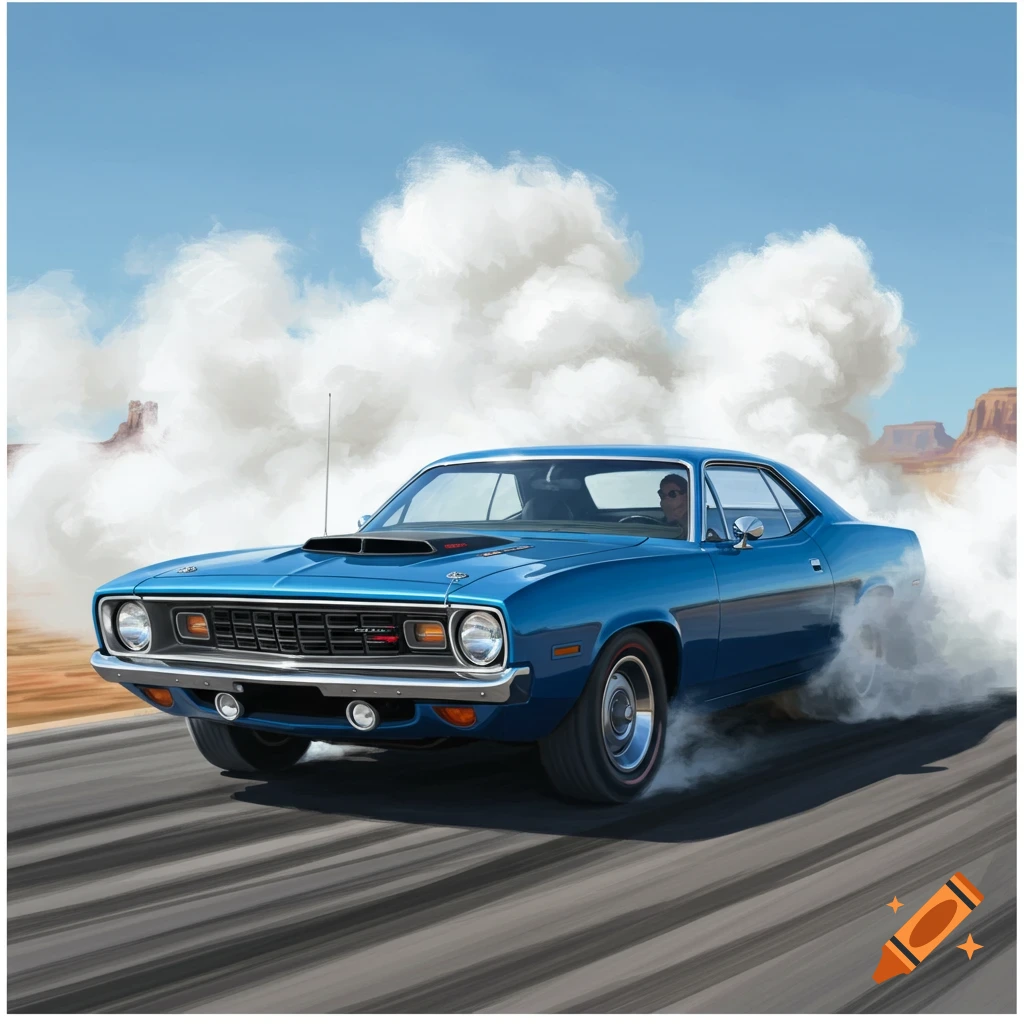 A blue classic muscle car doing a smoky burnout on a desert road under a blue sky, with the driver visible inside.