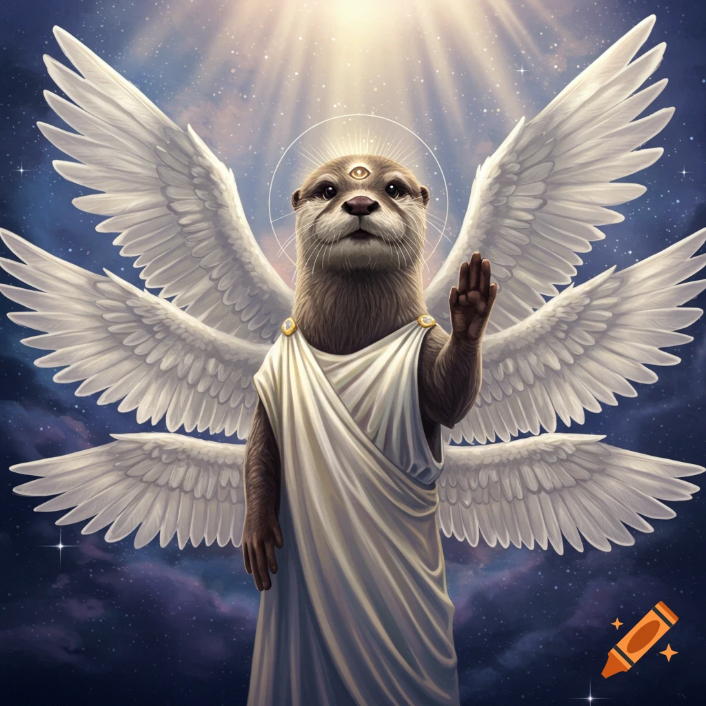A majestic otter with six white wings, a glowing third eye, and a white toga, raising a paw in blessing against a starry sky.