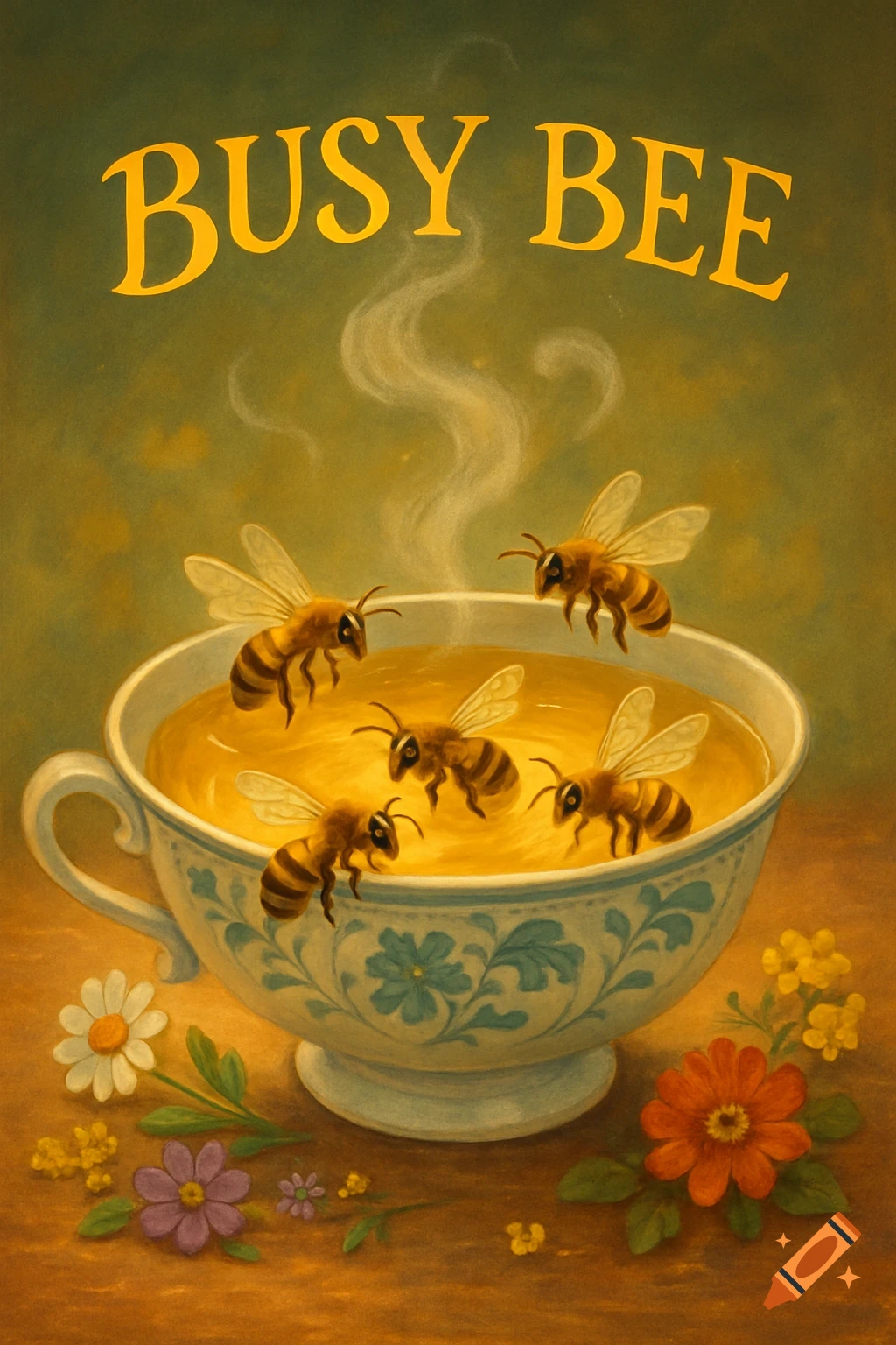 An oil painting illustration shows four bees in a steaming teacup filled with honey-colored liquid, surrounded by flowers. Text reads 'BUSY BEE'.