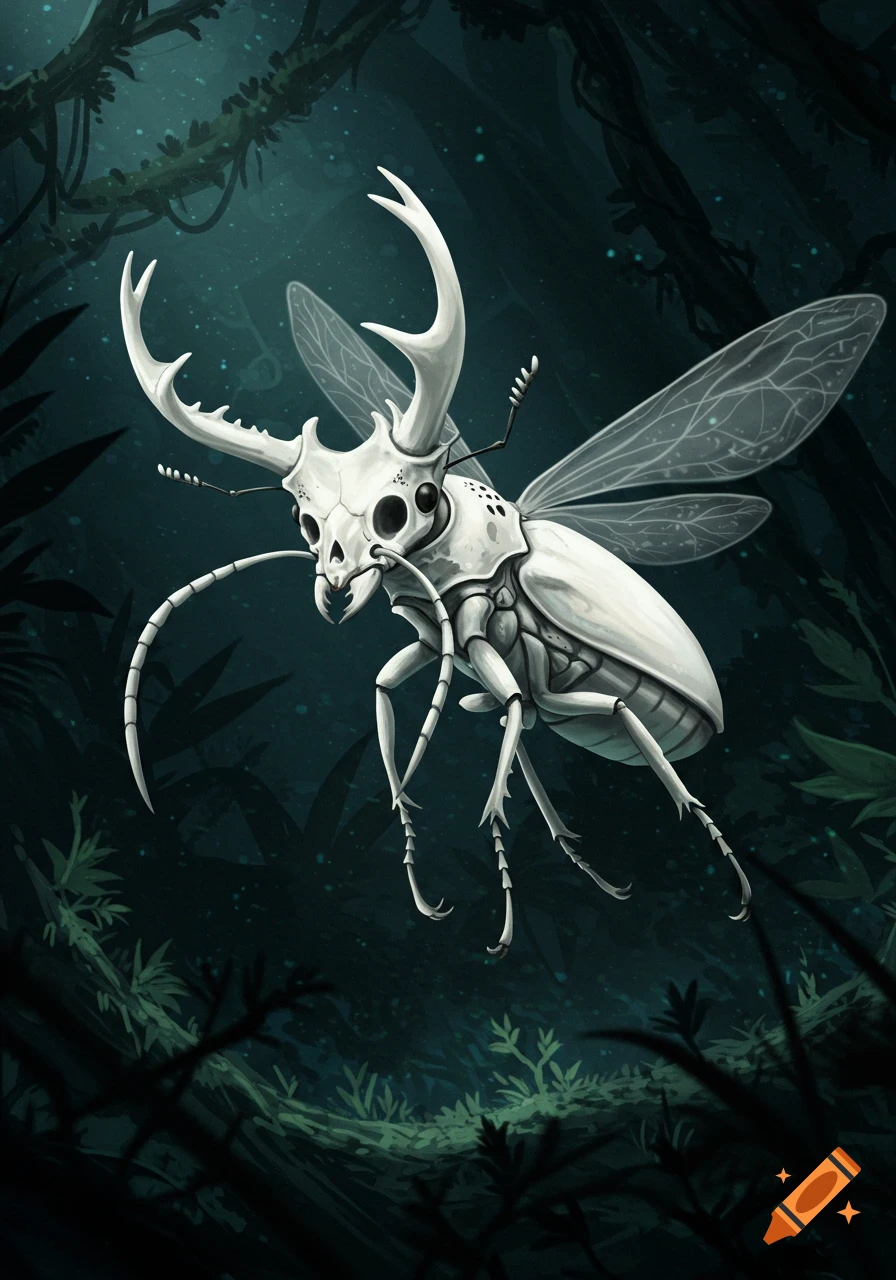 A white, skeletal stag beetle-like creature with large antlers and clear wings flies in a dark, eerie jungle.