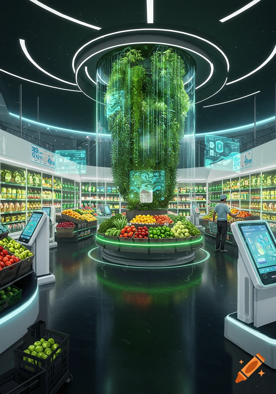 A brightly lit futuristic grocery store with a central cylindrical hydroponic garden, sleek display kiosks, and fresh produce.