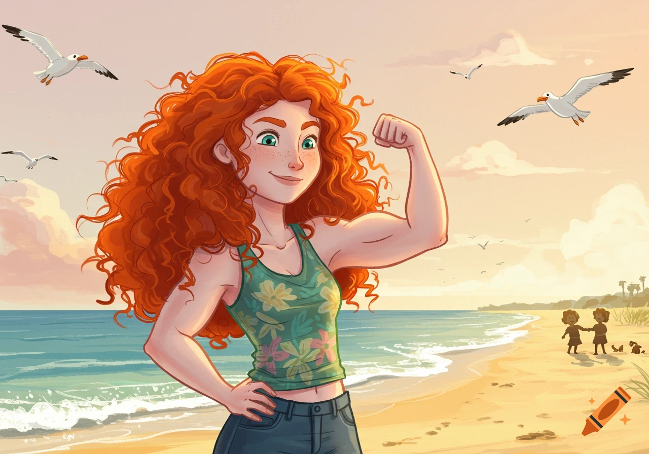 A cartoon girl with long red curly hair, resembling Merida, smiles while flexing her bicep on a sunny beach, with seagulls flying overhead.