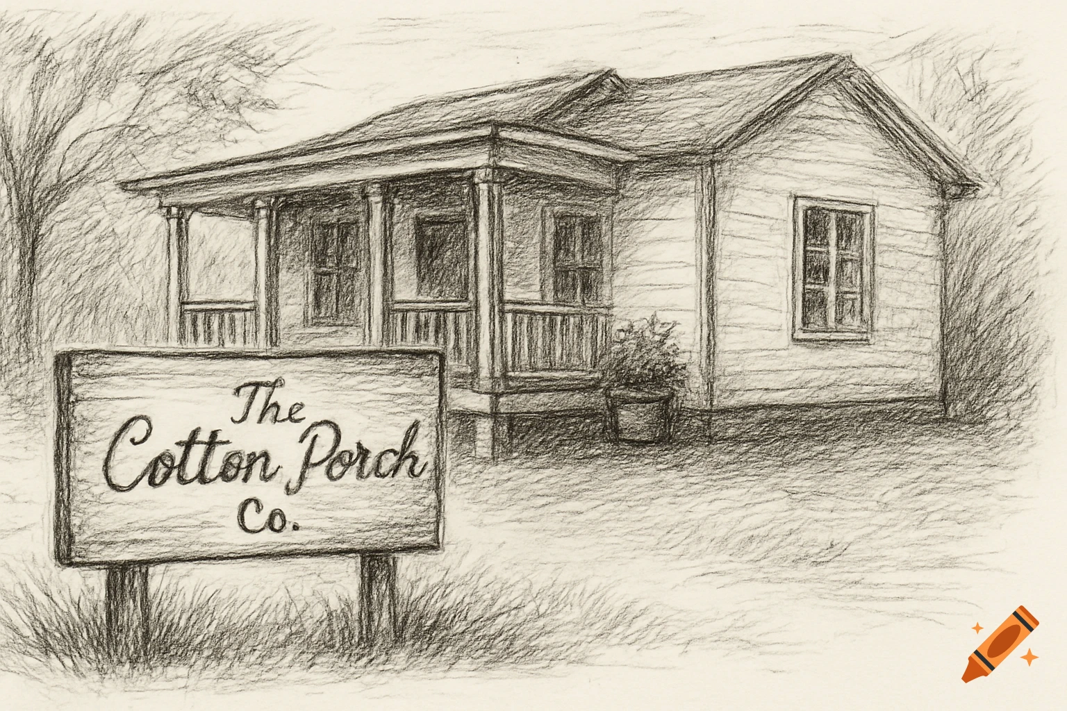 Black and white sketch of a cozy house with a porch and a sign reading 'The Cotton Porch Co.' in front.