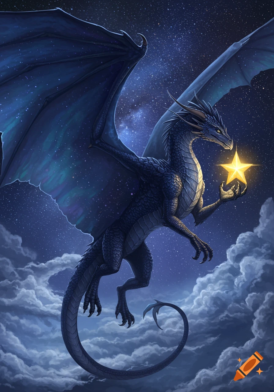 A majestic blue dragon with large wings flies through a starry night sky filled with clouds, holding a glowing golden star.
