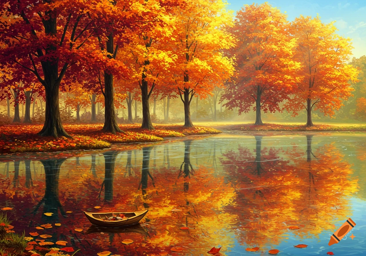 Vibrant autumn landscape painting with red and orange trees reflected in a calm pond, a small boat floats amidst fallen leaves.