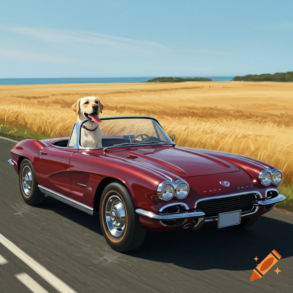 A white Labrador Retriever dog drives a red 1963 Corvette convertible on a coastal road past a golden field under a blue sky.