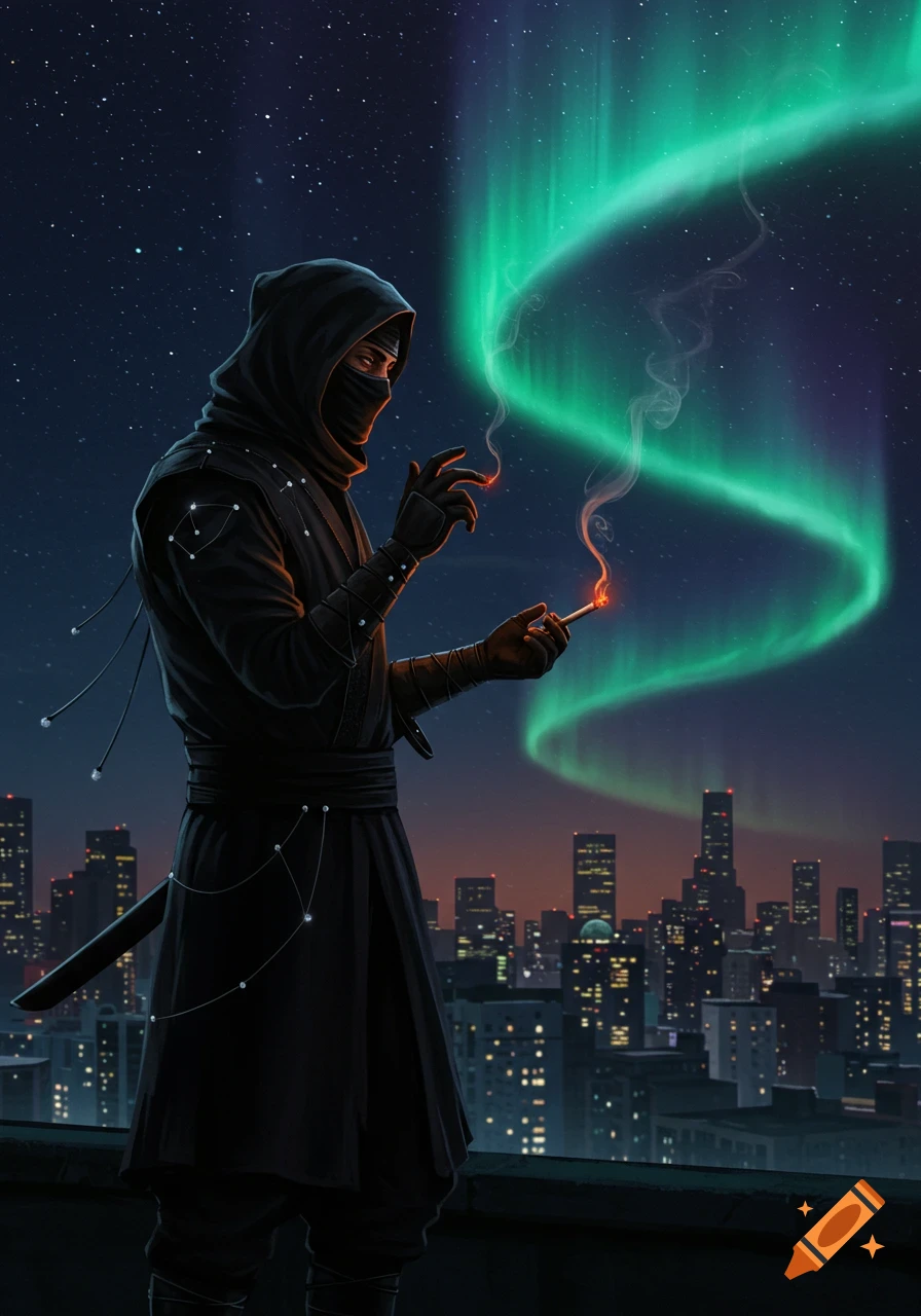 Ninja warrior in black attire smoking on a city rooftop under a starry night sky with the Northern Lights.