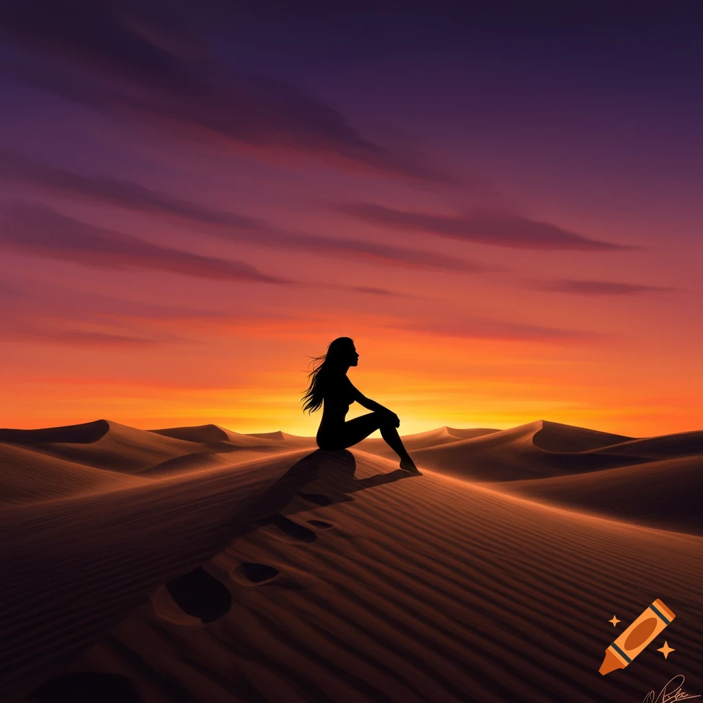 Silhouette of a woman sitting atop a sand dune in a vast desert landscape at sunset, with a vibrant orange and purple sky.