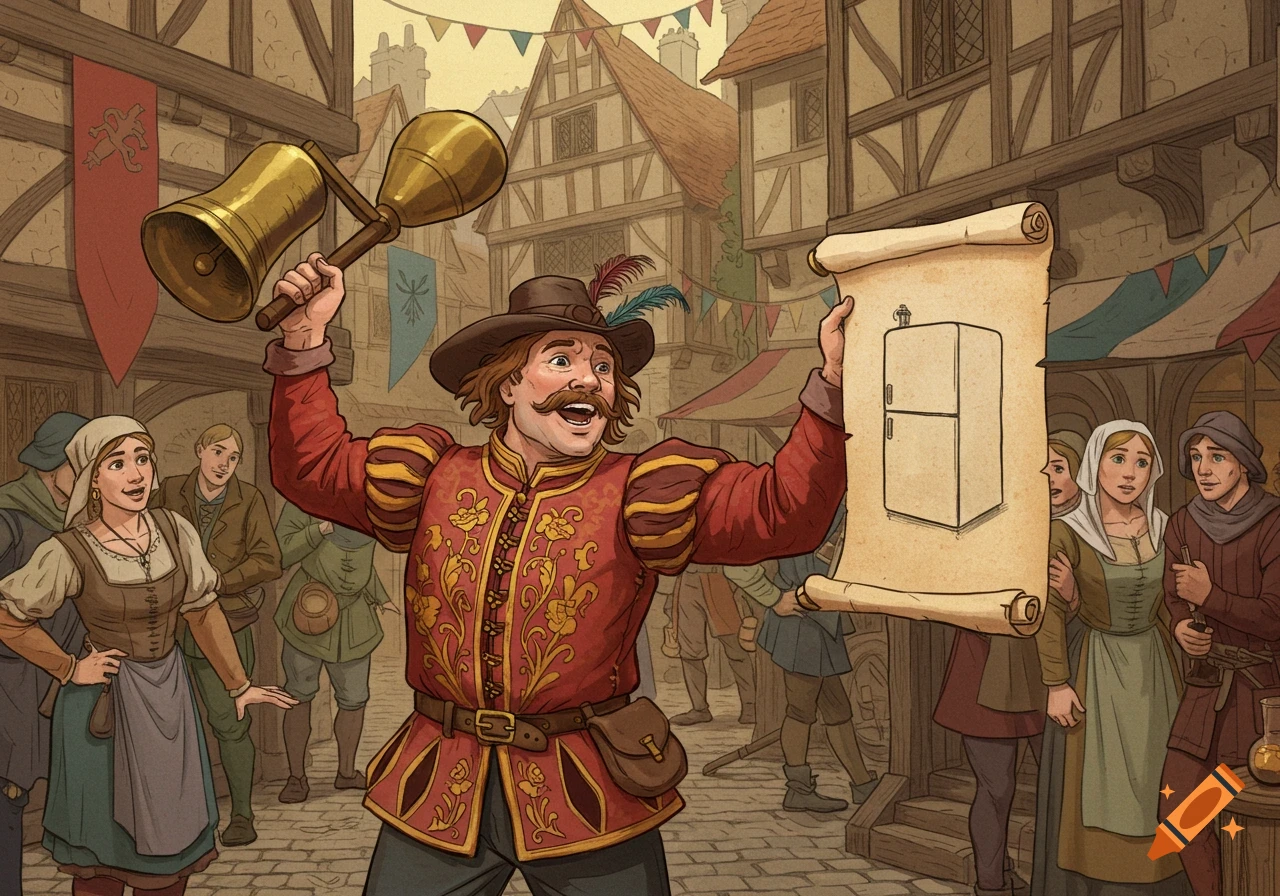 A medieval illustration of a town crier ringing bells and holding a scroll depicting a refrigerator in a busy town square.