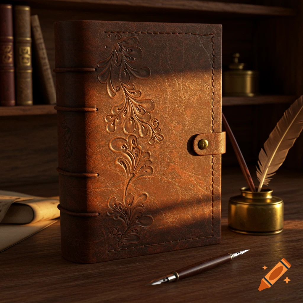 Detailed, embossed leather-bound journal with an antique pen and inkwell on a wooden desk, books in background, warm lighting.