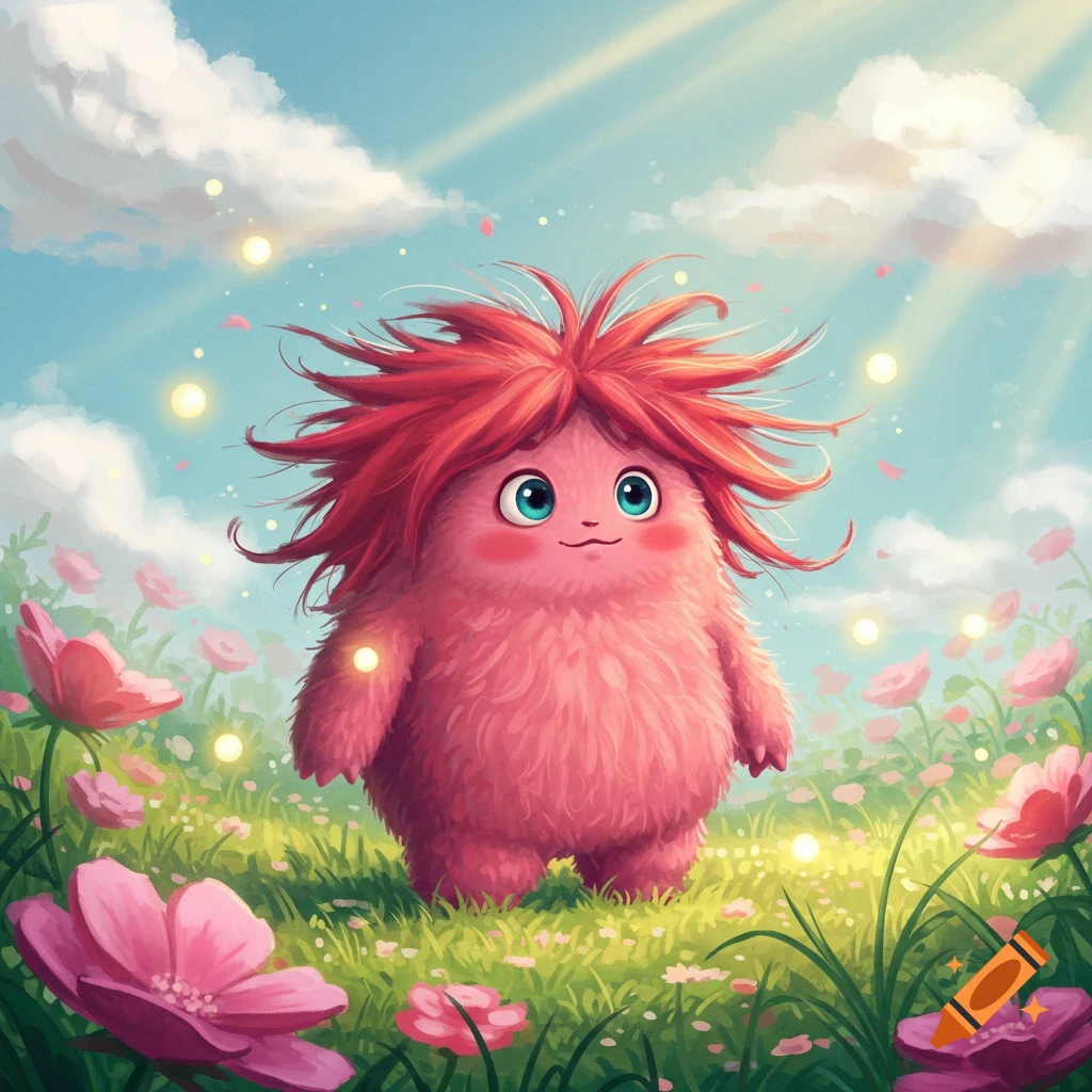 A cute pink furry monster with messy red hair and big blue eyes stands in a field of pink flowers under a sunny sky, illustration.