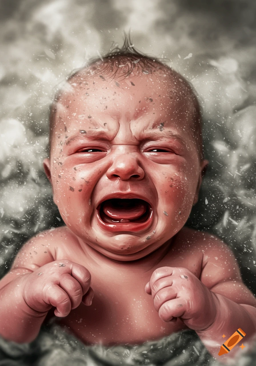 Close-up, photorealistic illustration of a screaming baby with a wrinkled red face, covered in white ash, against a dark, dusty background.